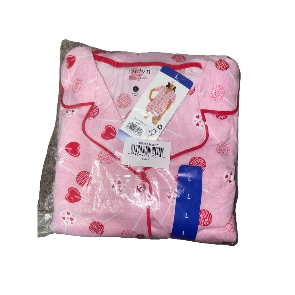 NWT Women's‎ Pink JACLYN NEW YORK Heart Lollipop 3-Piece Pajama Set L